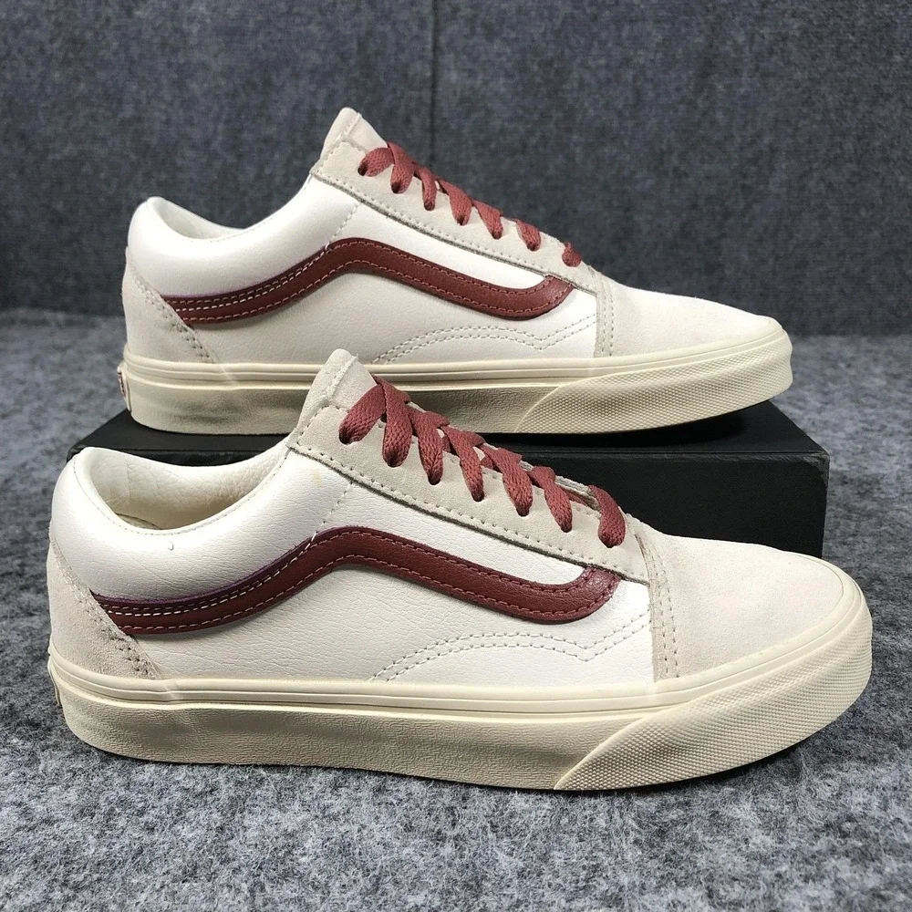 Vans Old Skool Shoes Men 5.5 / Women 7 White Burgundy Leather Suede Low Top - Picture 2 of 16